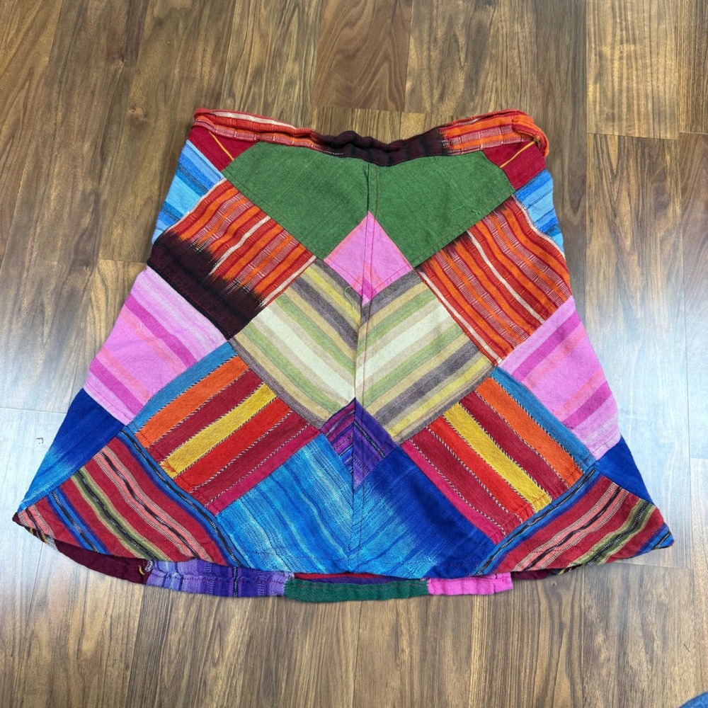 Boho Patchwork Wrap Skirt Colorful Woven Cotton Hippie Festival Pocket A-Line